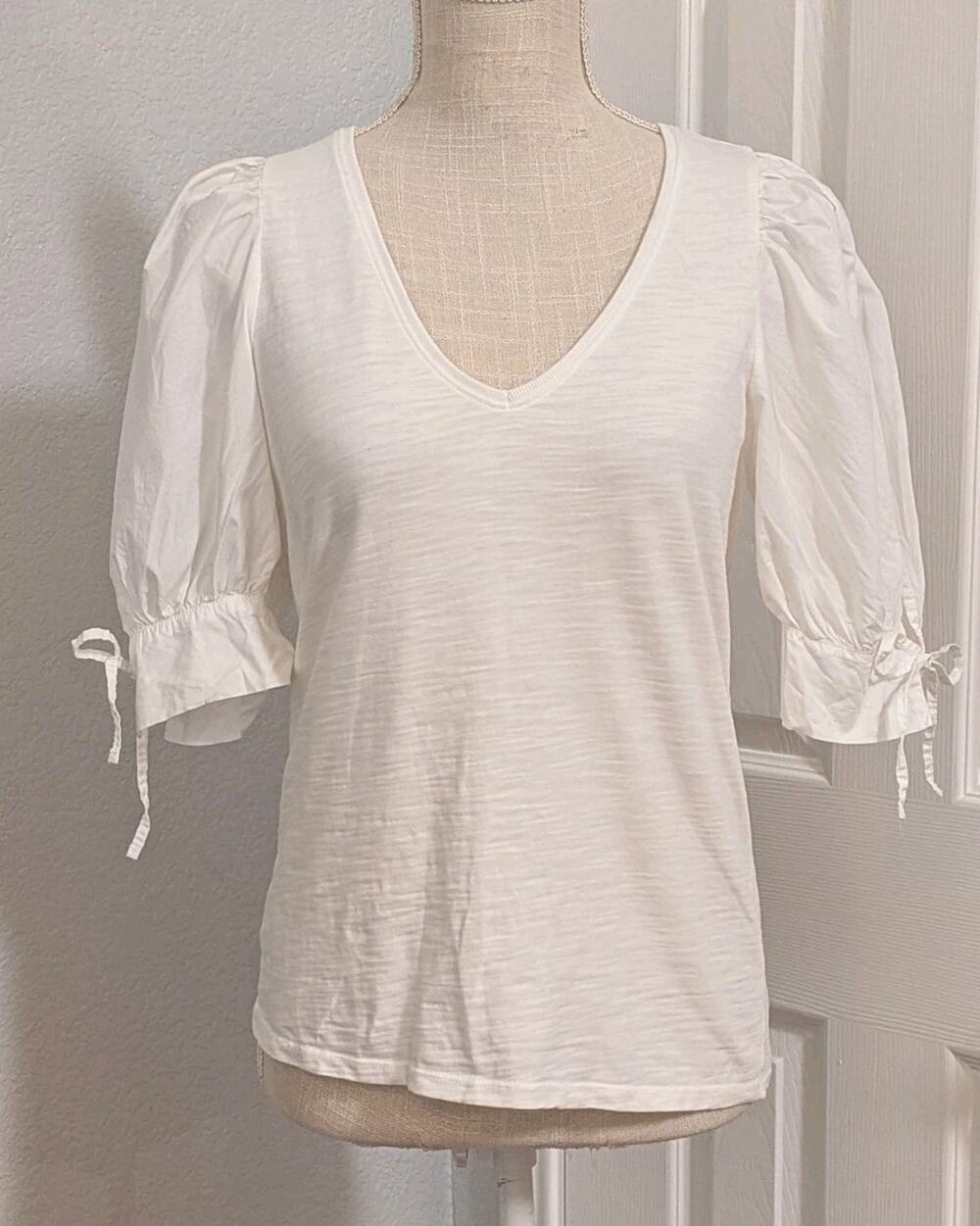 Nation LTD Kimberly Tie Puff Sleeve Tee White Small 2204JJR Peru Cotton
